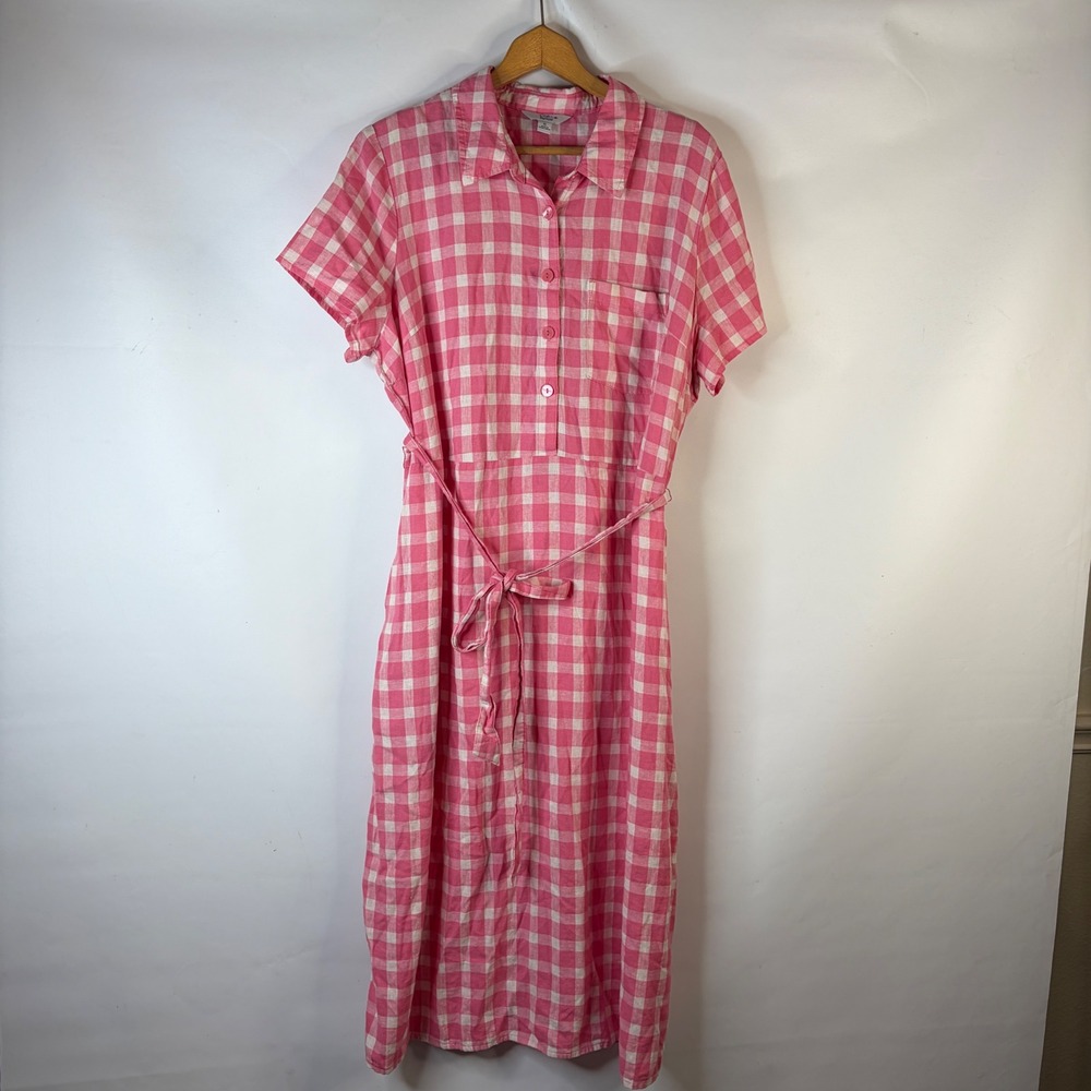 Croft & Barrow Shirt Dress Women XL Pink Gingham Linen Blend Tie Waist Midi
